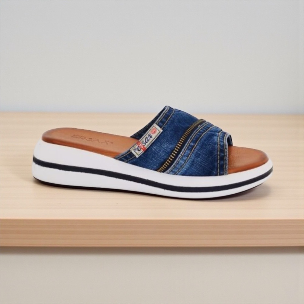 ERSAX, Zip Denim Slide Sandals, Size 39, Blue, White